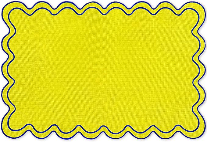 Whaline Yellow Blue Linen Placemats Embroidered Scalloped Kitchen Place Mats for Summer Birthday Party Home Dining Table Decor, Set of 6, 13 x 19 in
