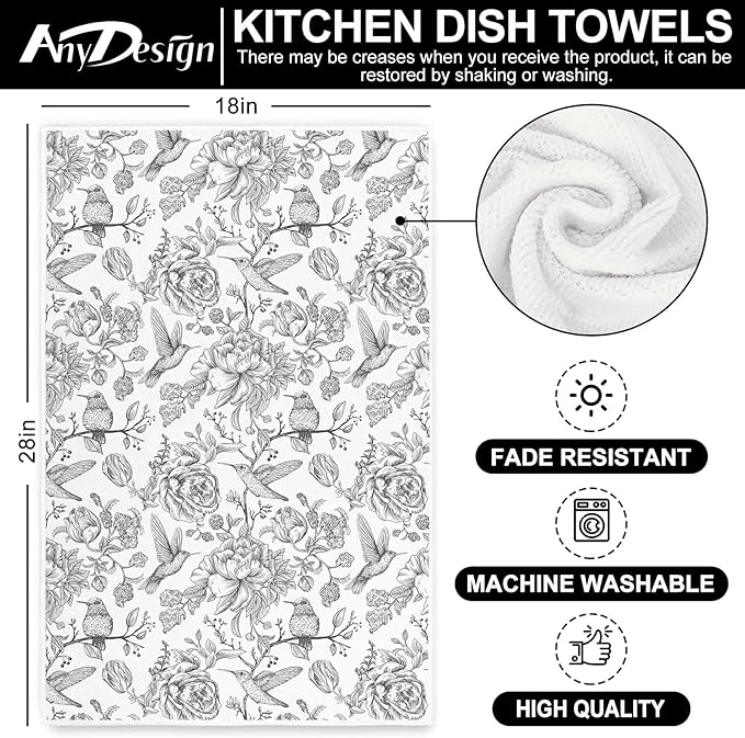 Flower Bird Kitchen Towel White Black Dish Towel 18 x 28 Inch Retro Floral Hand Drying Tea Towel for Cooking Baking Party Supplies, 2Pcs