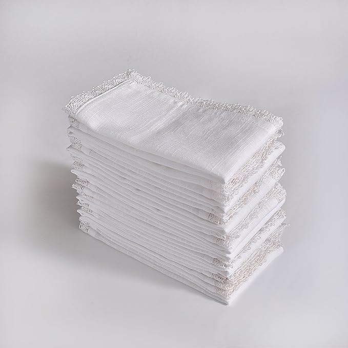 FINGERCRAFT Dinner Cloth Napkins in 100% Cotton, 12 Pieces Small Table Napkin Cloth,12 inches, Mitered Corners for Every Day Use Christmas Napkins Cloth Good Absorbency Lace White Easter Color