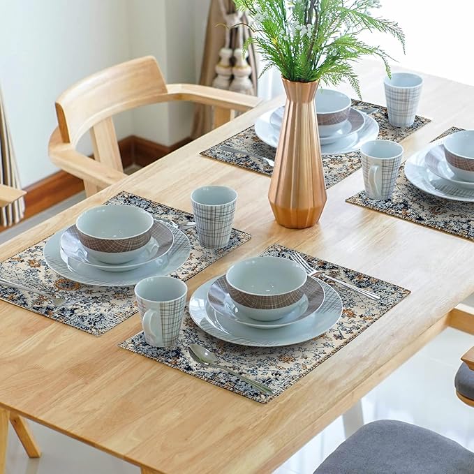 aportt Brown Navy Blue Ethnic Boho Placemats Set of 4 Bohemian Carpet Vintage Gold Black Tan Floral Linen Washable Kitchen Dining Table Mats Stain Heat-Resistant Desktop Place for Home Party 12x18 in