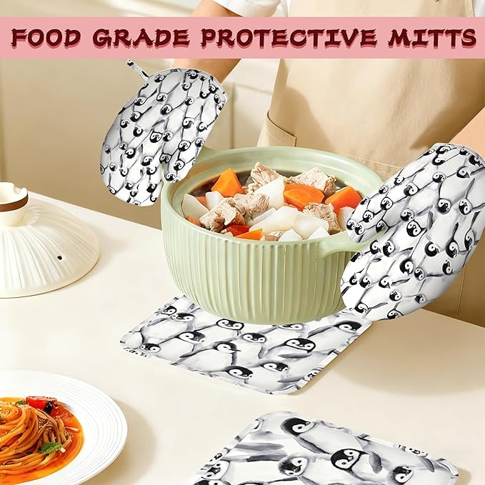 Funny Cute Penguin Heat-Resistant Silicone Oven Mitts and Pot Holder 4 Piece Set,Non-Slip Kitchen Oven Gloves for Baking, BBQ, Cooking,Grilling