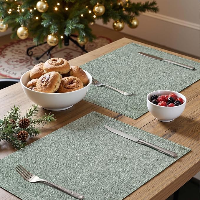 JINCHAN Cloth Placemats Set of 4 Faux Linen Place Mats Burlap Textured Fabric Table Mats Farmhouse Placemats for Dining Home Decor Double Layer Tablemats 13x19 Inch Heathered Green