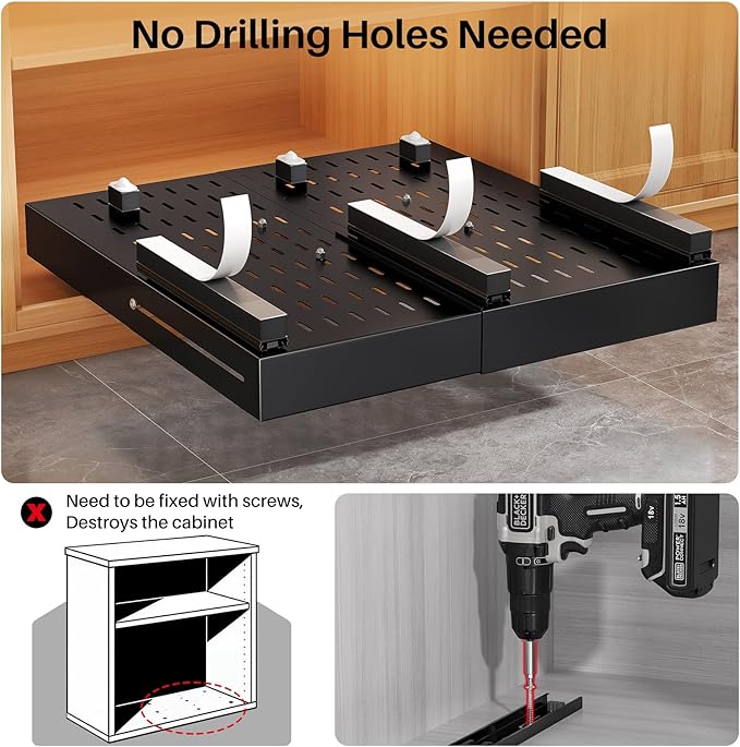 Pull out Cabinet Organizer, Expandable Width(14"-24"), Depth(13"-24") with 3 Rails, Slide Out Drawers With Raising Pad for Framed Cabinets, Fixed with Adhesive Film for Cabinets in Kitchen, Black