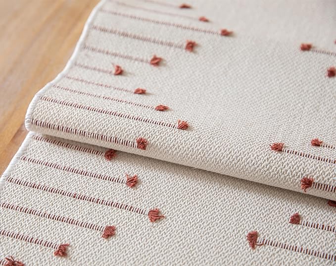 Caflife Boho Table Runner 13 x 90 Inch Long Natural Cotton Woven Runner with Tassels for Fall Home Dining Table décor, for Modern Farmhouse Decor Coffee Table Runner, Rust and Beige
