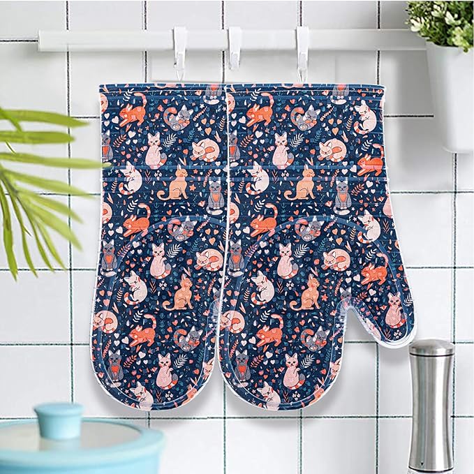 Oven Mitts Set of 2 with Transparent Clear Silicone Shell and Nice cat Printing Cotton Lining, Heat Resistant to 500 F Kitchen Oven Gloves Pot Holder for Cooking (Navy, Cat, Oven Mitts)