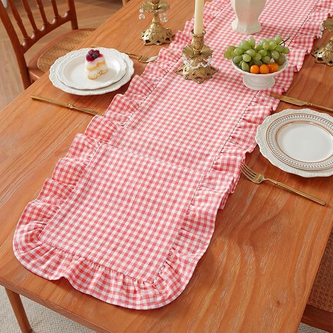 HunnmingRe 1 Pcs Pink Plaid Gingham Ruffle Table Runner 72 x 13.8'' Farmhouse Table Runner 100% Cotton Scalloped Long Dresser Scarves for Dining Room, Wedding, Kitchen Rustic Home Decor