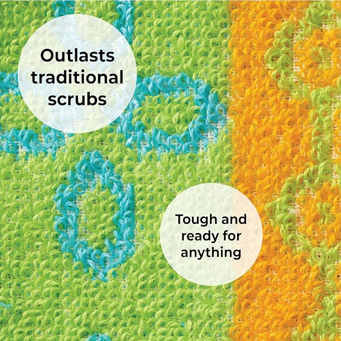 Skoy Scrub, 4-Pack Reusable, Non-Scratching Dish Scrubber for Kitchen and Household Cleaning, Planet-Friendly, Dishwasher Safe Soft Scrub, Assorted Colors and Designs