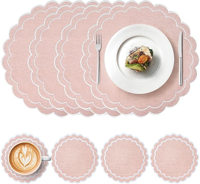 Set of 8 Cotton Linen Placemats Coaster, 15" Scalloped Embroidery Heat Resistant Placemats, 4.7" Kitchen Coaster, Double Layered Machine Washable Table Mat Set Rustic Dinner Table Decoration (Pink)