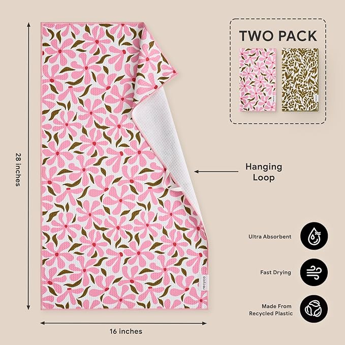 RECYCO Waffle Kitchen Towel Set of 2 - Quick Dry Microfiber Sustainable Dish Towels - Ultra Absorbent Reusable Cleaning Tea Towels - Lightweight Hand Towels,16”x 28”, Petal & Leaf