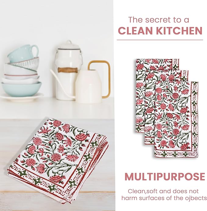 CPC Red Garnet Hand Block Print Waffle Kitchen Towel Set of 3-16 x 28 Inch Ultra Absorbent Quick Dry Cotton Dish Towels Lightweight Reusable Sustainable Tea Towels for Cleaning and Drying