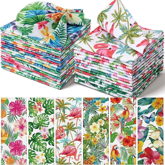 Nuogo 36 Packs Hawaiian Cloth Napkins 15" x 15" Hawaiian Guest Cloth Napkins with Tropical Floral Palm Leaves Flamingo Hand Towel for Summer Luau Party BBQ Dinner Wedding Table Decor