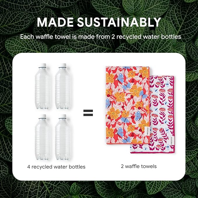 RECYCO Waffle Kitchen Towel Set of 2 - Quick Dry Microfiber Sustainable Dish Towels - Absorbent Reusable Cleaning Tea Towels - Lightweight Hand Towels,16”x 28”, Blossom Brilliance Pink