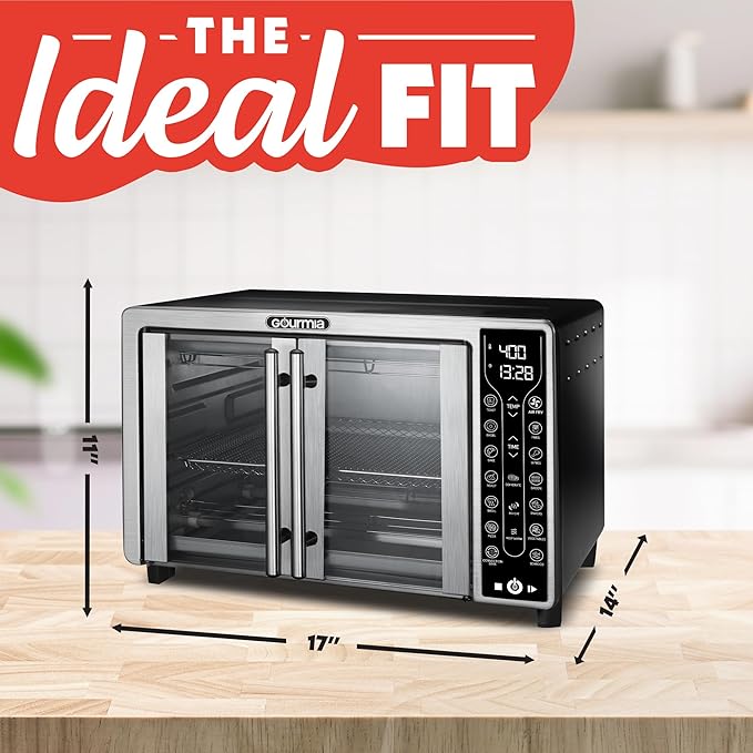 Gourmia French Door Air Fryer – 25 Qt Large Capacity Convection Oven, Fryfroce 360°, Digital Display with 17 Cooking Presets, Bake, Toast, Roast, Dehydrate, Fits 12” Pizza