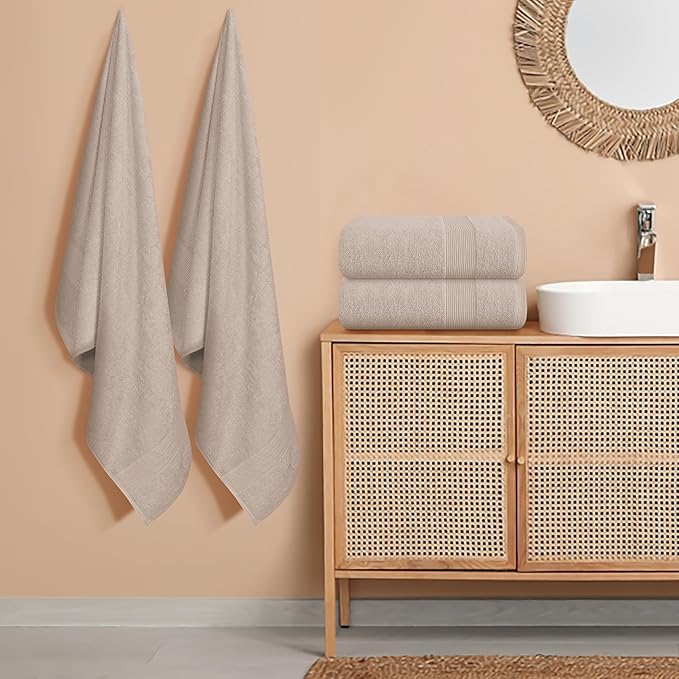 Belizzi Home 4 Pack Bath Towel Set 27x54, 100% Ring Spun Cotton, Ultra Soft Highly Absorbent Machine Washable Hotel Spa Quality Bath Towels for Bathroom, 4 Bath Towels Tan