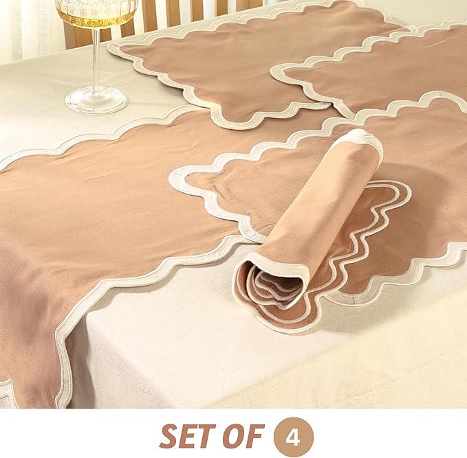 Folkulture Placemats Set of 4 | (13 x 19) 100% Cotton Rustic Place Mats | Heat Resistant Table Mats for Dining Table Decor | Boho Placemats, Scalloped Kitchen Mats or Table Placemats (Sand)