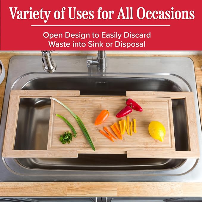 Over the Sink Cutting Board - Expandable Bamboo Wood Chopping Board with Juice Groove and Slip-Resistant Grips - Kitchen Essentials for Cutting, Chopping, and Slicing by Classic Cuisine