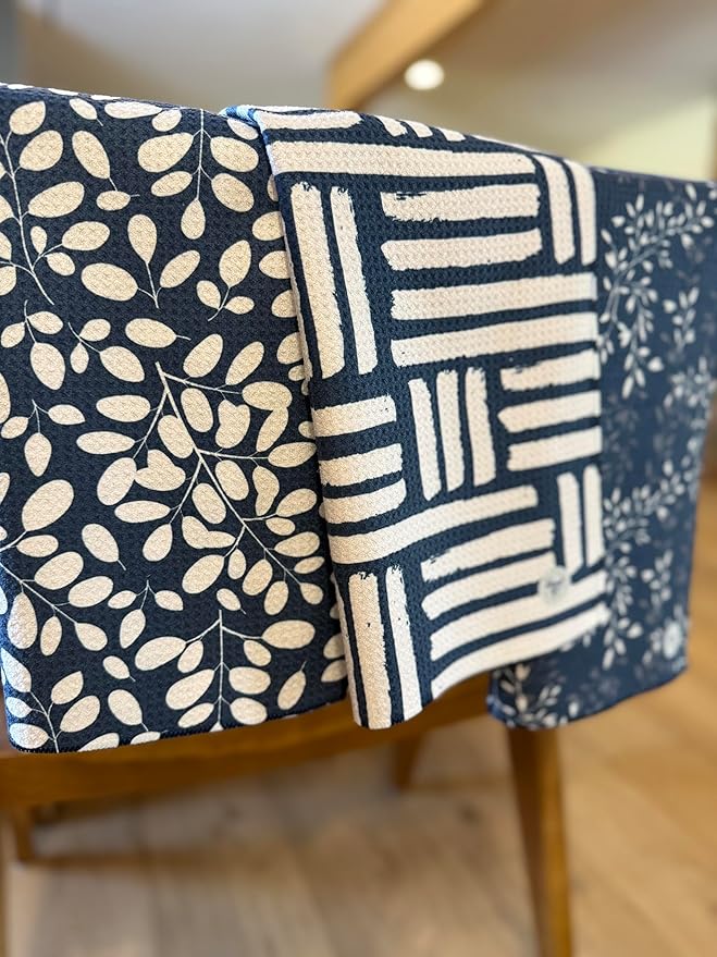 || 3 Pack|| Kitchen Towels || Dish Towels || Tea Towels || Highly Absorbent || Hanging Loop || Dish Cloths || Modern || Designer Prints (Navy/tan)