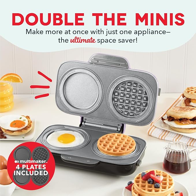 Dash MultiMaker® Double Mini Maker System - Dual Ceramic Nonstick Cooking Surfaces - Built-In Cord Wrap - Makes 4-Inch Waffles - Lavender, 4 Plates