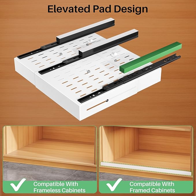 2 Pack Pull out Cabinet Organizer, Expandable Width(14"-24"), Depth(13"-24") with 3 Rails, Slide Out Drawers With Raising Pad for Framed Cabinets, with Adhesive Film for Cabinets in Kitchen, White