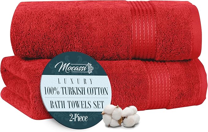 Mocassi Luxury 100% Turkish Cotton 2-Pack Bath Towel Set- Ultra Soft, Quick Dry Highly Absorbent 27 x 54 inch Premium Spa Hotel Quality 2PC Bath Towels - Luxurious Soft Bathroom Towels, Red