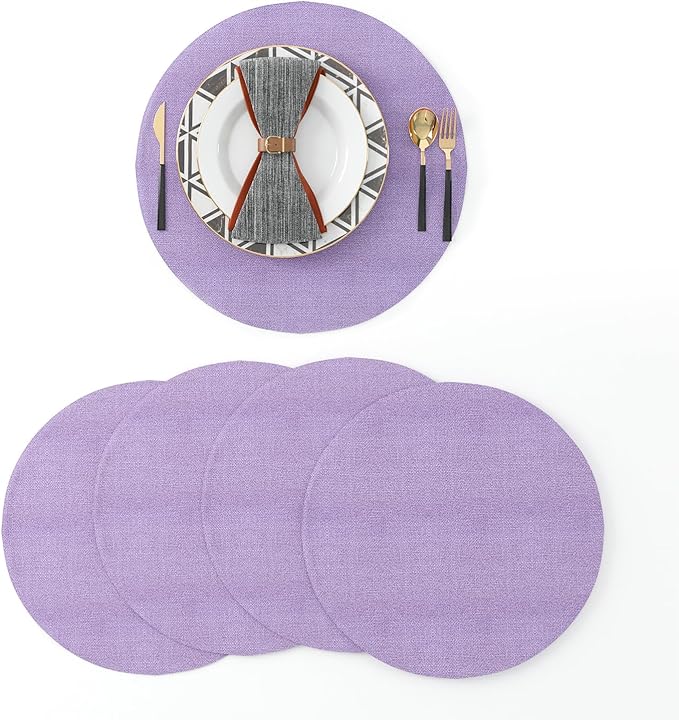 Set of 4 Round Placemat 15 Inch Soft Linen eco-Friendly Fabric Handcrafted Machine Washable Indoor & Outdoor Tablemat Lilac