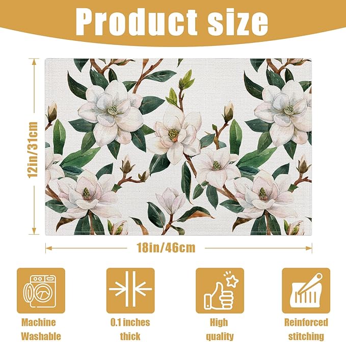 White Magnolia Flower Placemats Set of 6,Summer Flower Linen Place Mat Washable Stain Resistant Table Mats for Farmhouse Dining Party 12x18 Inch