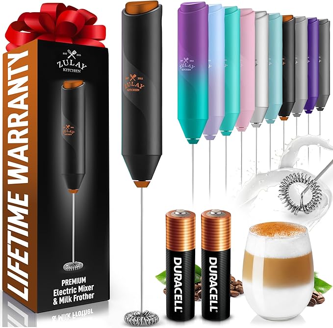 Zulay Kitchen Powerful Milk Frother AA Batteries Included – Ultra Fast Handheld Drink Mixer with Stainless Steel Whisk Stirrer for Coffee, Protein, Matcha & More, Frother Wand Electric Frothmate