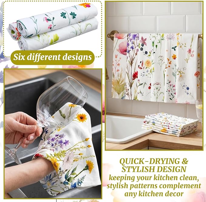 HunnmingRe Wildflower Floral Flour Sack Towels - Set of 6 Spring Flour Kitchen Towels Large 28 x 27 Inch Reusable Versatile Cotton Cloths Bathroom Decor Housewarming Gift, Vintage Flower (Fresh)