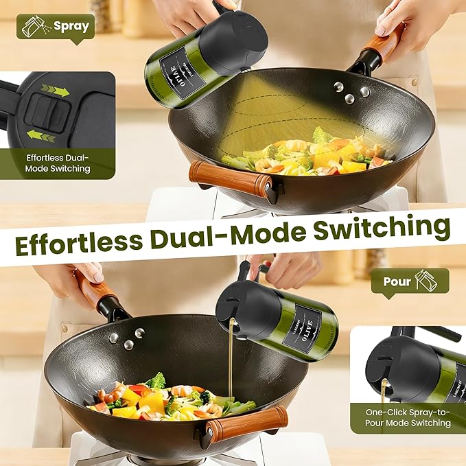 LAKUMIQI 2 in 1 Oil Sprayer for Cooking, 16oz Olive Oil Dispenser Bottle for Kitchen, Food Grade Light-Blocking Leak Proof Glass Spray Bottle for Salad, Air Fryer, BBQ