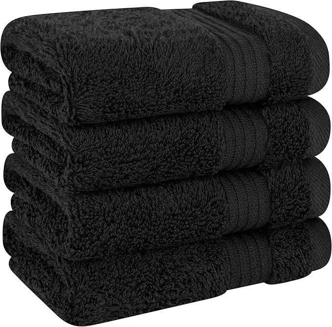 Cotton Paradise 100% Cotton Turkish Washcloth Set for Bathroom, 4 Piece Soft Absorbent Small Towels Wash Rags, Black