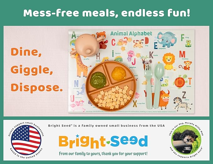 Bright Seed Disposable Placemats for Baby, Toddlers and Kids, 40 Disposable Baby Placemats for Restaurant, Dining Table & Travel, Learning Placemats for Kids, Toddler Travel, Animals ABC & Numbers