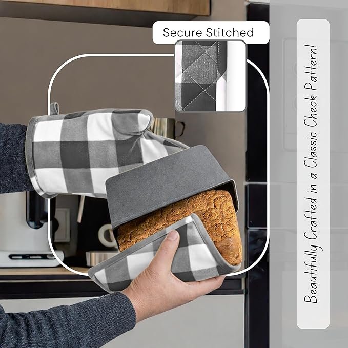 Native Fab Buffalo Plaid Check Oven Mitts and Pot Holders Set of 4, 100% Cotton Heat Resistant Kitchen Gloves, 2 Oven Mitts (7x13), 2 Pot Holders (8x8) for Cooking & Baking, Steel Grey White