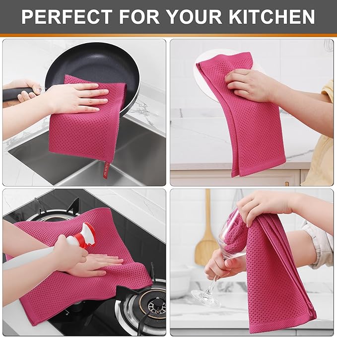 Kitinjoy 100% Cotton Waffle Weave Kitchen Hand Towels (13 X 28 Inches, Hot Pink), 4-Pack Super Soft and Absorbent Dish Towel for Drying Dishes