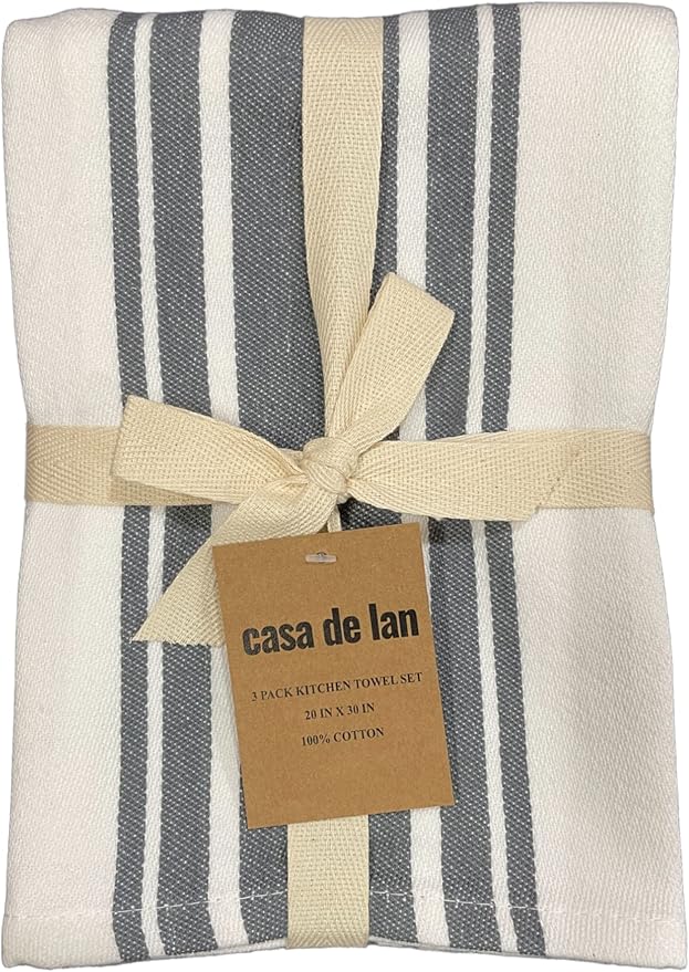 Kitchen Towels Set – Pack of 3 (20’’ x 30’’) Extra Large Premium Cotton Dish Towels for Kitchen – Super Striped Towels – Absorbent – 100% Cotton – with Hanging Loop – Dark Grey