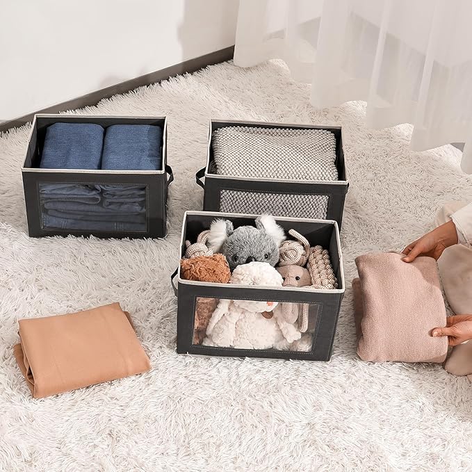 Homsorout Storage Bins with Lids - Fabric Storage Boxes with Lids, Collapsible Storage Bins with Window, Decorative Closet Organizers and Storage for Clothes, Towels, Books, 3 Pack, Dark Grey