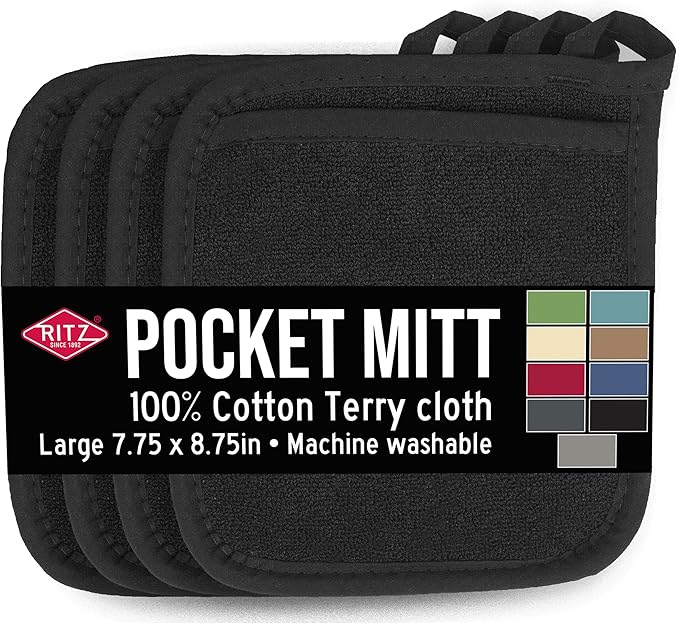 RITZ Terry Pocket Mitt & Hot Pad: Unparalleled Heat Resistant, Durable 100% Cotton – Ergonomically Designed for Optimal Grip – Easy-Care Machine Washable – 4-Pack, Black