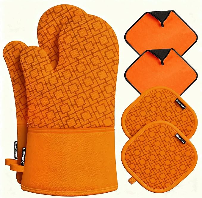 Oven Mitts and Pot Holders Sets 6pcs, Kitchen Oven Glove,High Heat Resistant 550 Degree Extra Long Oven Mitts and Potholders with Non-Slip Silicone Surface for Home Essentials (Grey) (Pumpkin Orange)