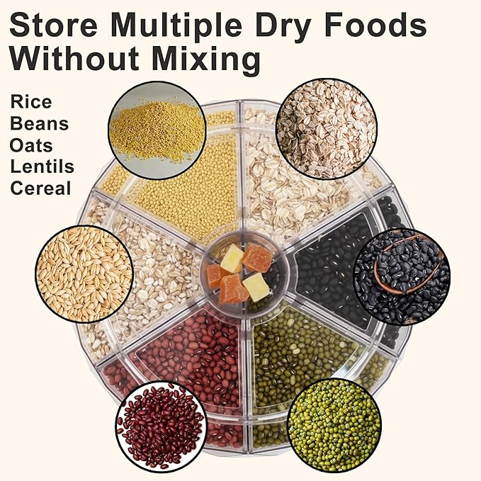 6-Compartment Rotating Grain Dispenser for Kitchen Pantry, One-Press Dry Food Storage Container for Rice, Beans, Oats, Cereal, Clear Multi-Section Food Organizer