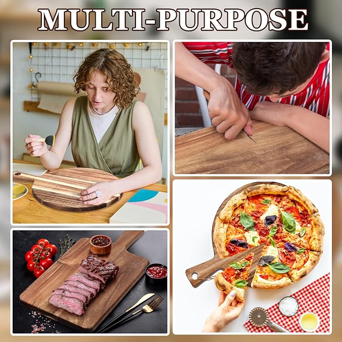 Hsei 2 Pcs Acacia Wood Cutting Board with Handle Wooden Charcuterie Board Large Paddle Carving Chopping Set Butter Serving Tray for Cheese Meat Fruit Pizza Bread Baking