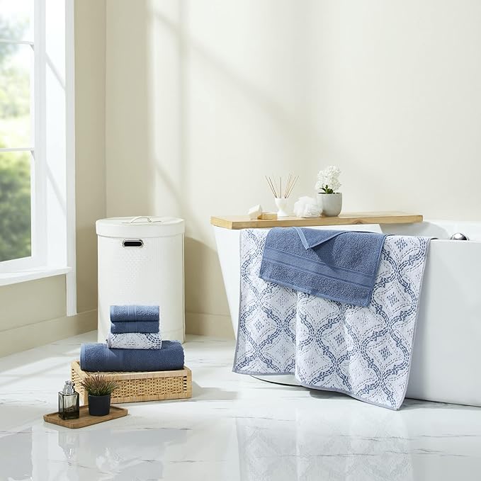 Modern Threads Capri 6-Piece Reversible Yarn Dyed Jacquard Towel Set - Bath Towels, Hand Towels, & Washcloths - Super Absorbent & Quick Dry - 100% Combed Cotton, Denim