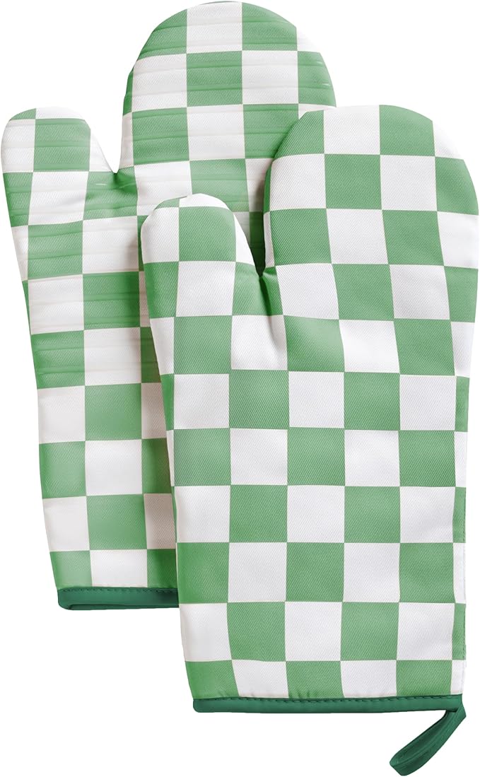 Ohocut Green Checkered Oven Mitts Heat Resistant, Vintage Retro Checkerboard Cute Oven Mitts, Non-Slip Silicone Kitchen Oven Gloves 1 Pair 7''x13''