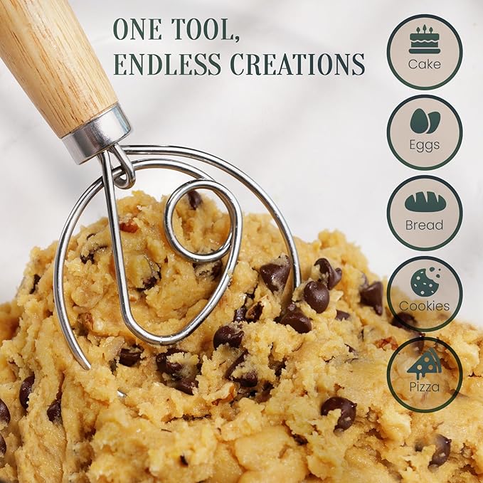 Danish Dough Whisk, Sourdough Bread Whisk with Wooden Handle, 13-Inch Stainless Steel Single Loop Dough Mixer for Bread Making, Pizza Dough, Batter and Pastry