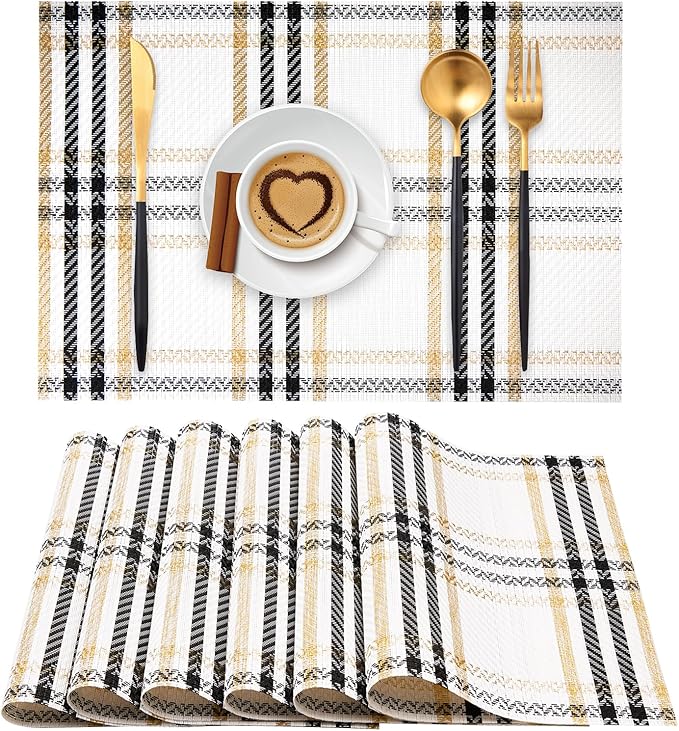 Placemats, Place Mats Set of 6 Washable Wipeable Vinyl Placemats for Kitchen Dining Table Wedding Accent Indoor/Outdoor Durable PVC Table Mats Non Slip (White)