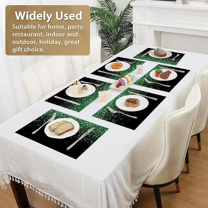 Placemats Set of 6 Linen Washable Kitchen Dining Green Glitter Table Mats Stain Heat-Resistant Desktop DécorPlace Mats for Home Party Indoor 12x18 in