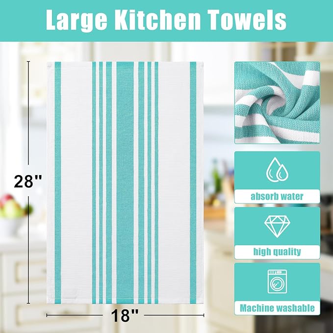 Homaxy Premium Kitchen Towels 18”x 28”, Large Cotton 380 GSM Kitchen Hand Towels, Stripe and Terry Dish Towel, Highly Absorbent Tea Towel Set with Hanging Loop, 8 Pack, Teal