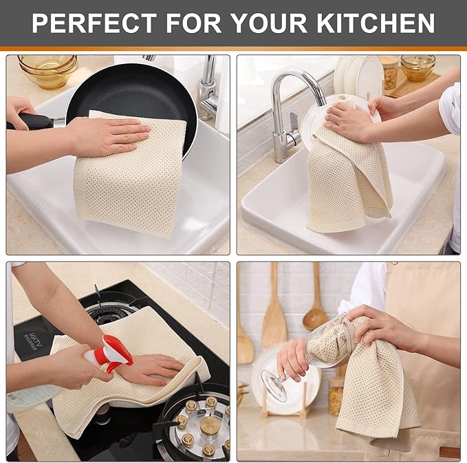 Kitinjoy 100% Cotton Waffle Weave Kitchen Hand Towels (13 X 28 Inches, Beige), 8-Pack Super Soft and Absorbent Dish Towel for Drying Dishes