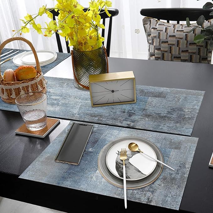 ArtSocket Farmhouse Table Runner and Placemats Set of 6, Abstract Blue Grey Gray Vintage Painting Art Dining Decor for Daily Use(1 Table Runner 72 inches Long and 6 Placemats)