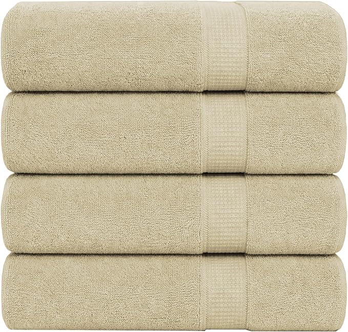 GOLD TEXTILES Premium Bath Towels Set (Pack of 4,27 x 54) 100% Ring-Spun Cotton Bathroom Towels for Hotel, Spa, Soft and Absorbent (27 x 54, Sand - 4 Pcs)