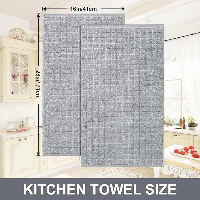 Homaxy Premium Cotton Kitchen Towels 16"x 28", Large Natural Ring Spun 390 GSM Dish Towels, Super Absorbent Terry Kitchen Hand Towels, Soft Tea Towels with Hanging Loop, Pure Light Grey Design, 6 Pack