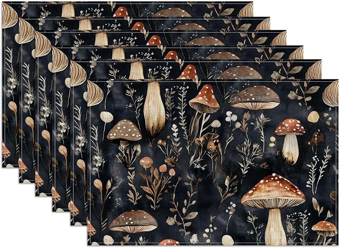 Watercolor Mushroom Placemats Set of 6, Washable Heat Resistant Table Mat Linen Place Mats for Party Kitchen Dining Home Decor 12x18 Inch
